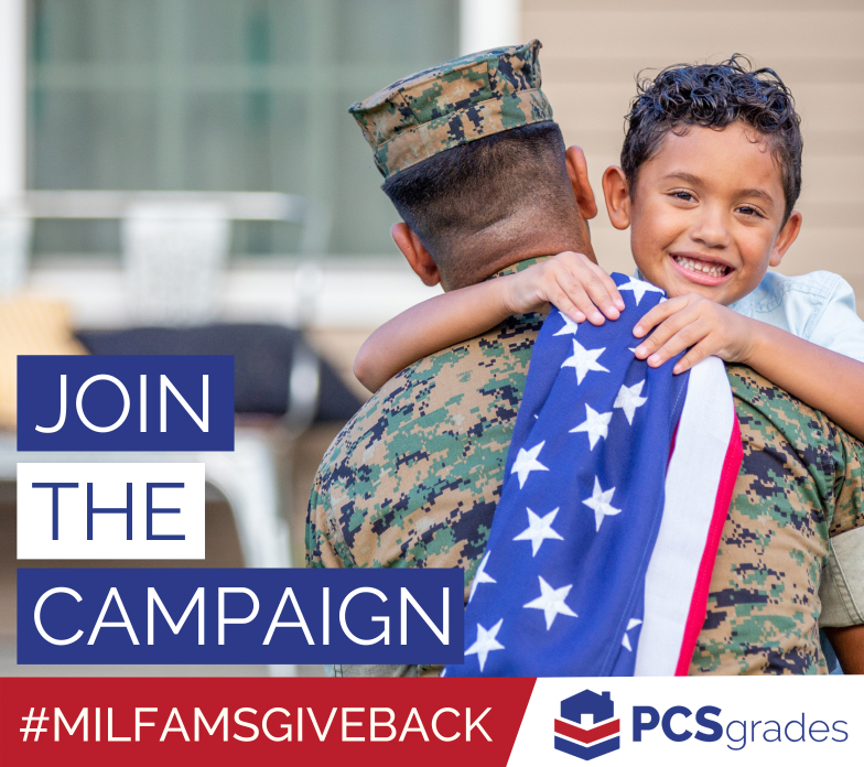 Service member with son and flag with #MILFAMSGIVEBACK and PCSgrades logo