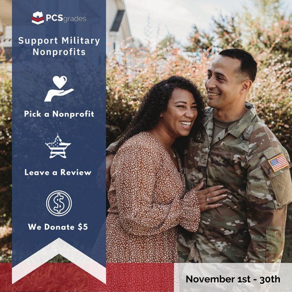 Service member with spouse/ Support Military Nonprofits banner